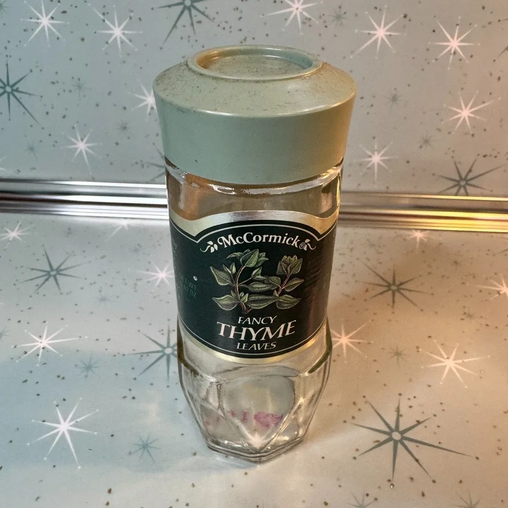Vintage McCormick Thyme Leaves Jar Green‎ Label Glass Spice Bottle Cottage Retro